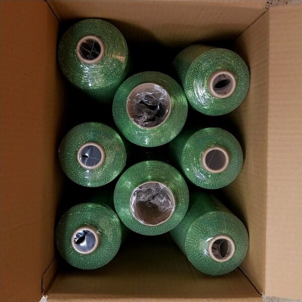 Lurex Light Green pssvoronos (2) web Bulk order lurex metallic yarn in light green color. 8kgs 16 bobbins. Buy more for less.